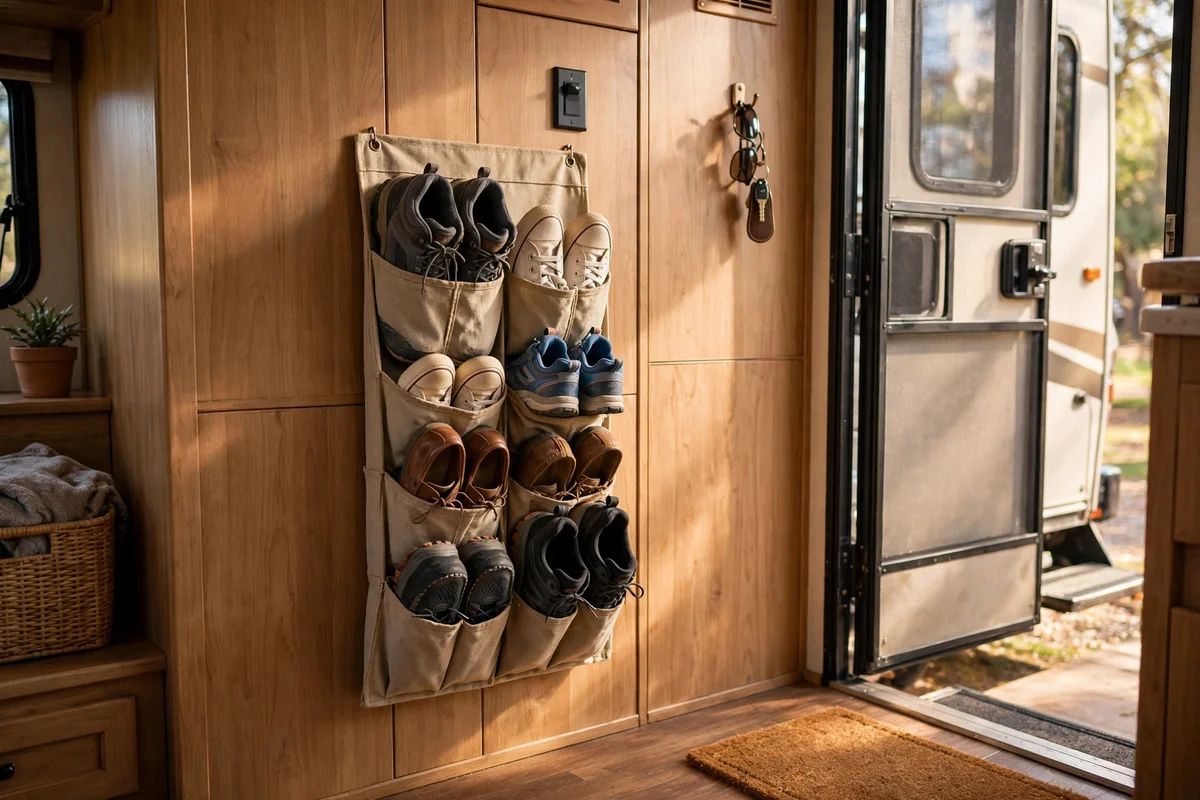 RV entry wall with slim canvas shoe caddy holding family shoes