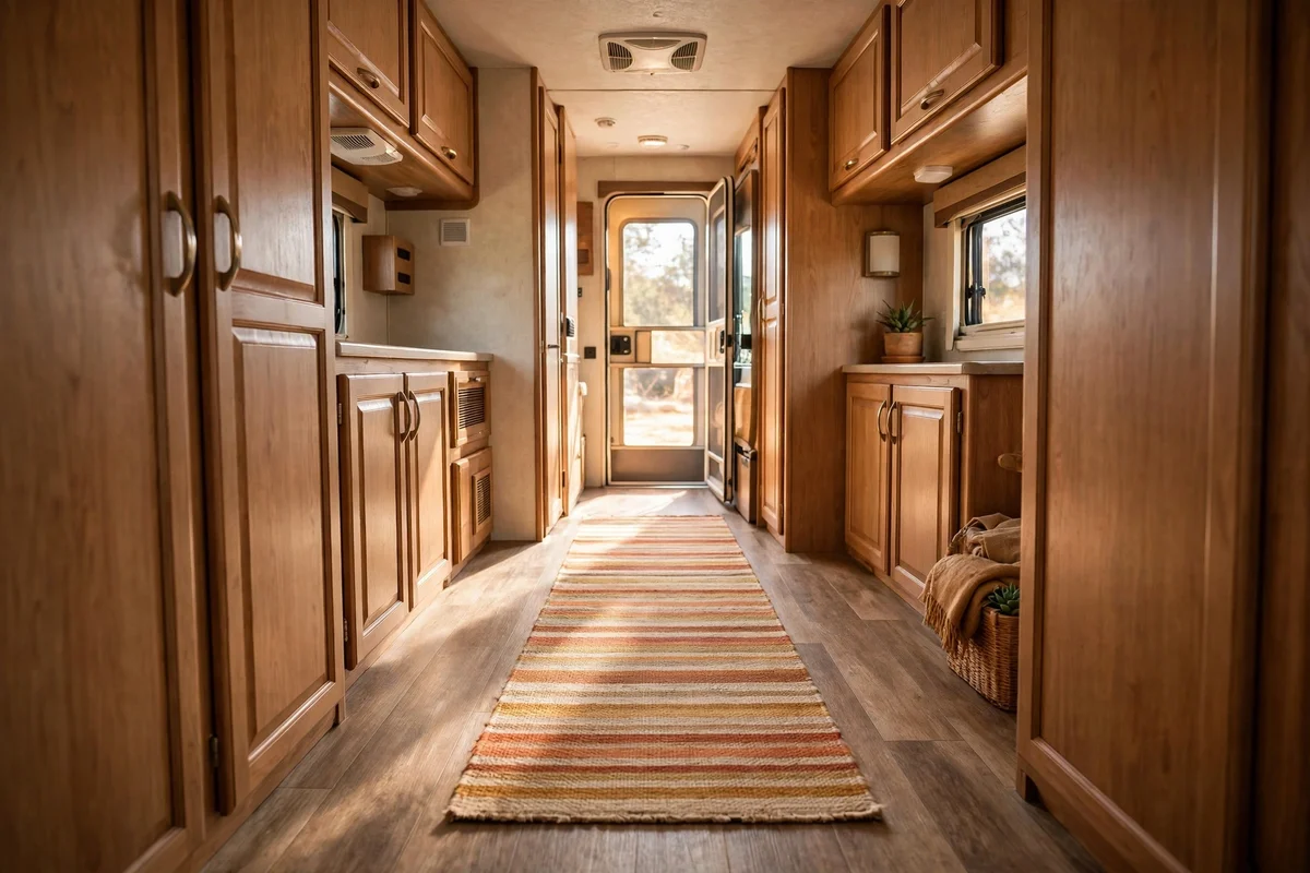 Narrow RV hallway with warm striped flatweave runner over vinyl floor