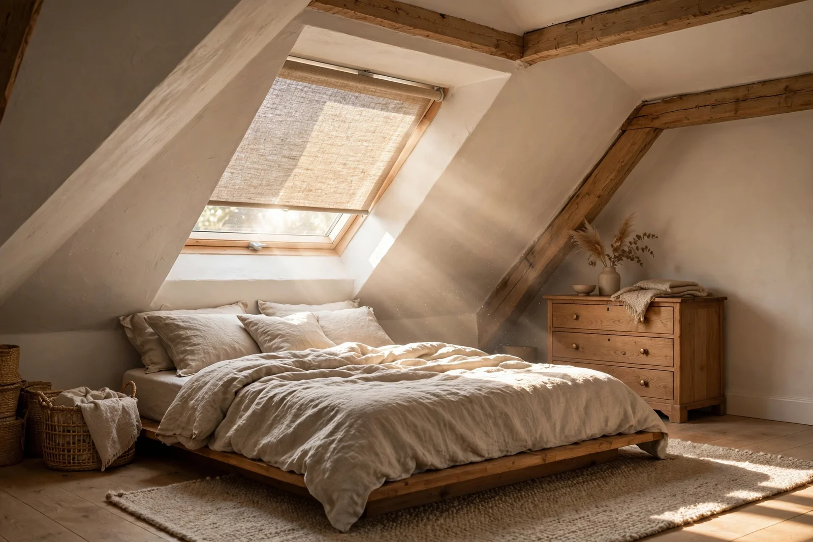 Attic bedroom with sloped ceiling, low platform bed, skylight and oak drawers under the eaves