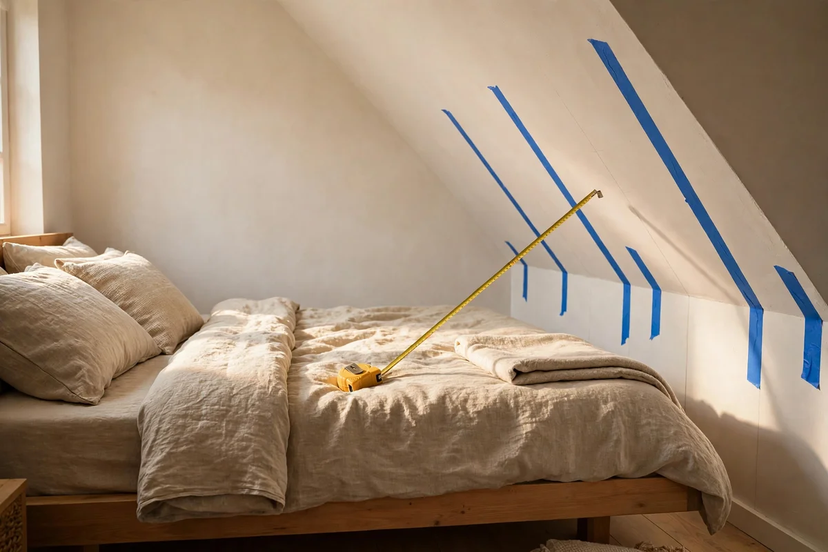 Tape measure and painter's tape marking sitting clearance above a low bed under a sloped ceiling