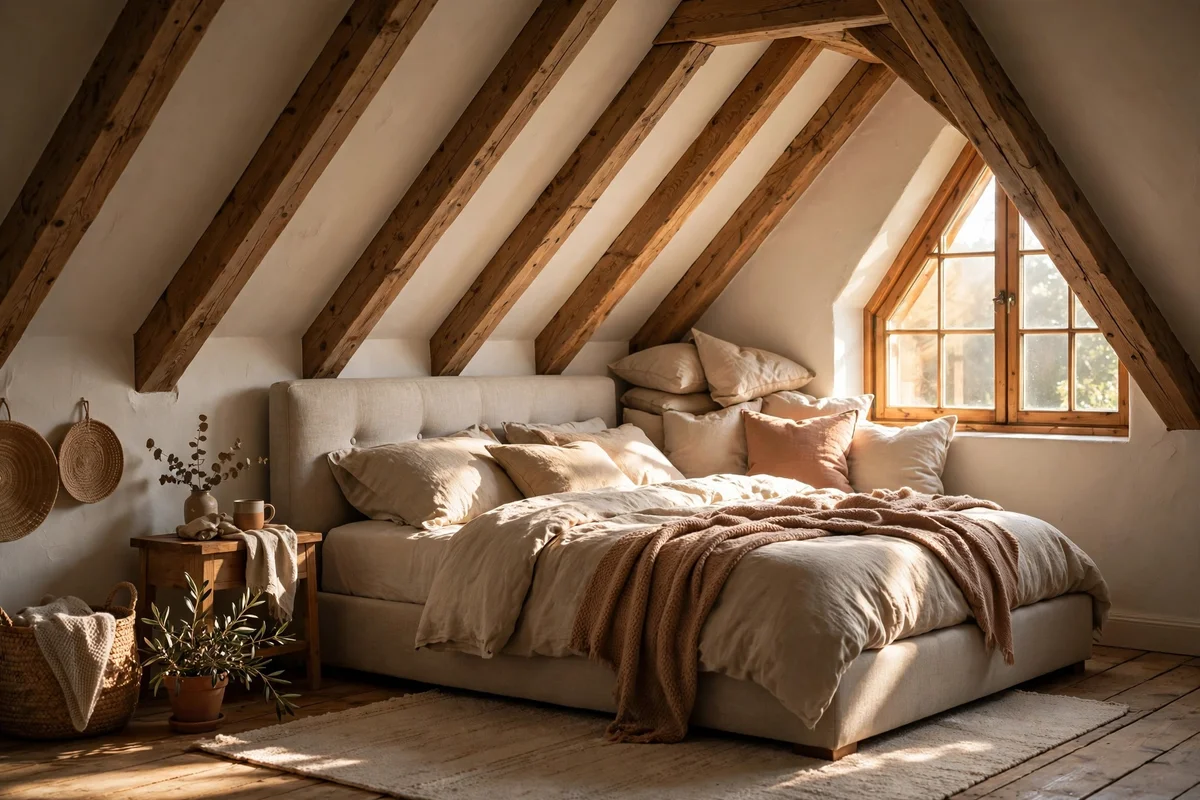 Bed with headboard on the low wall beneath a sloped ceiling, pillows where the pitch is highest