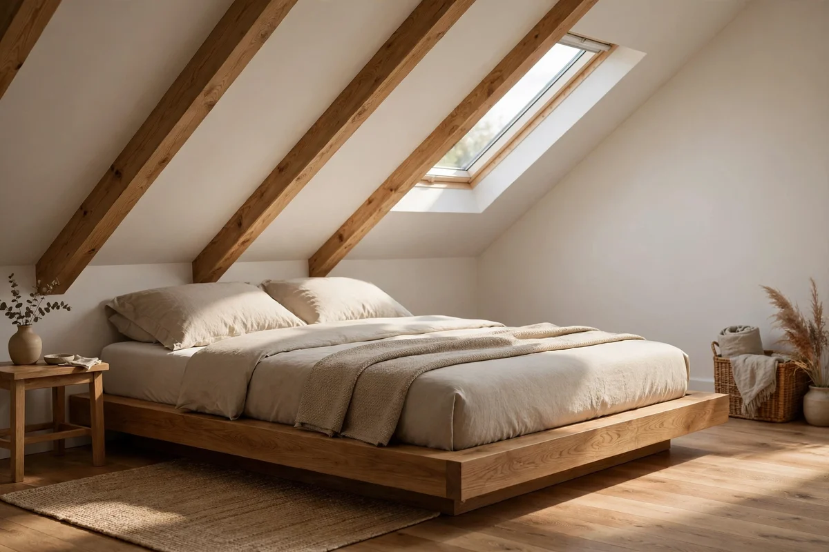 Low wooden platform bed with tailored bedding fitting neatly beneath a sloped ceiling
