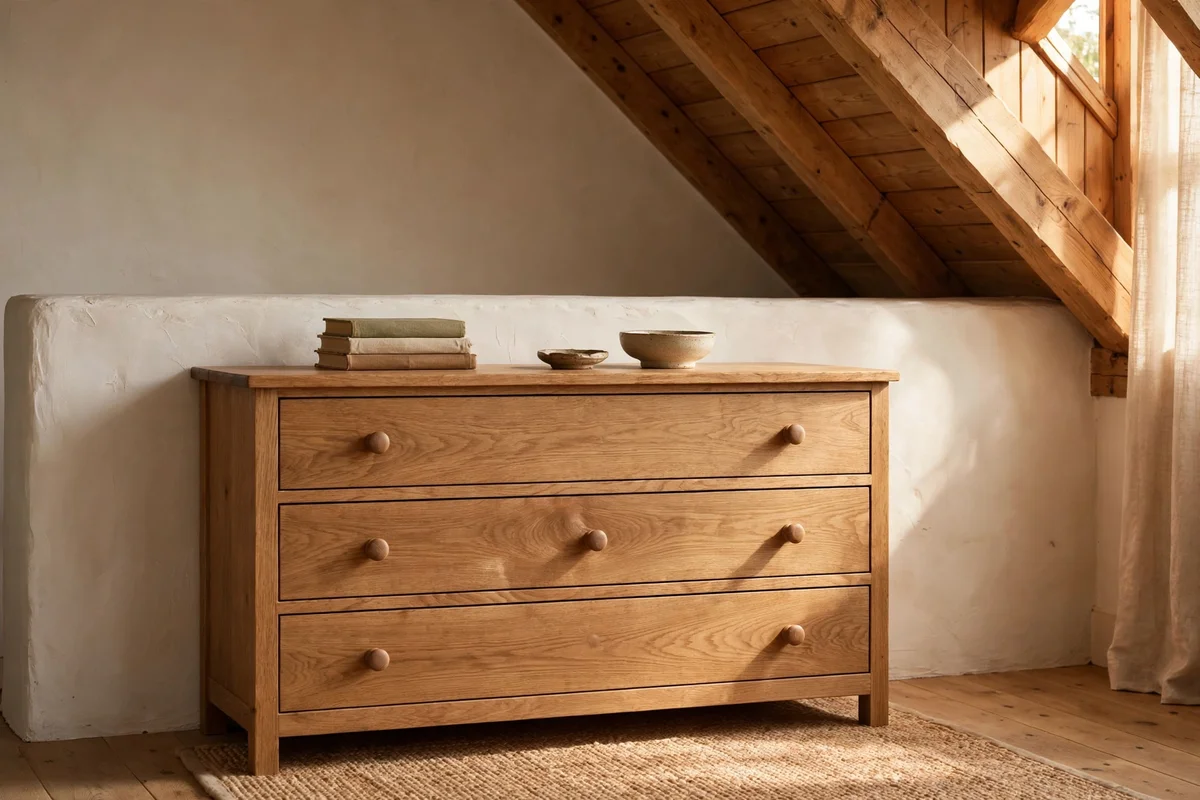 Low chest of drawers tucked under a knee wall beneath a sloped bedroom ceiling