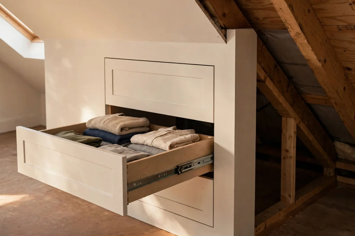 Pull out drawers built into the eaves void behind a knee wall, one drawer open