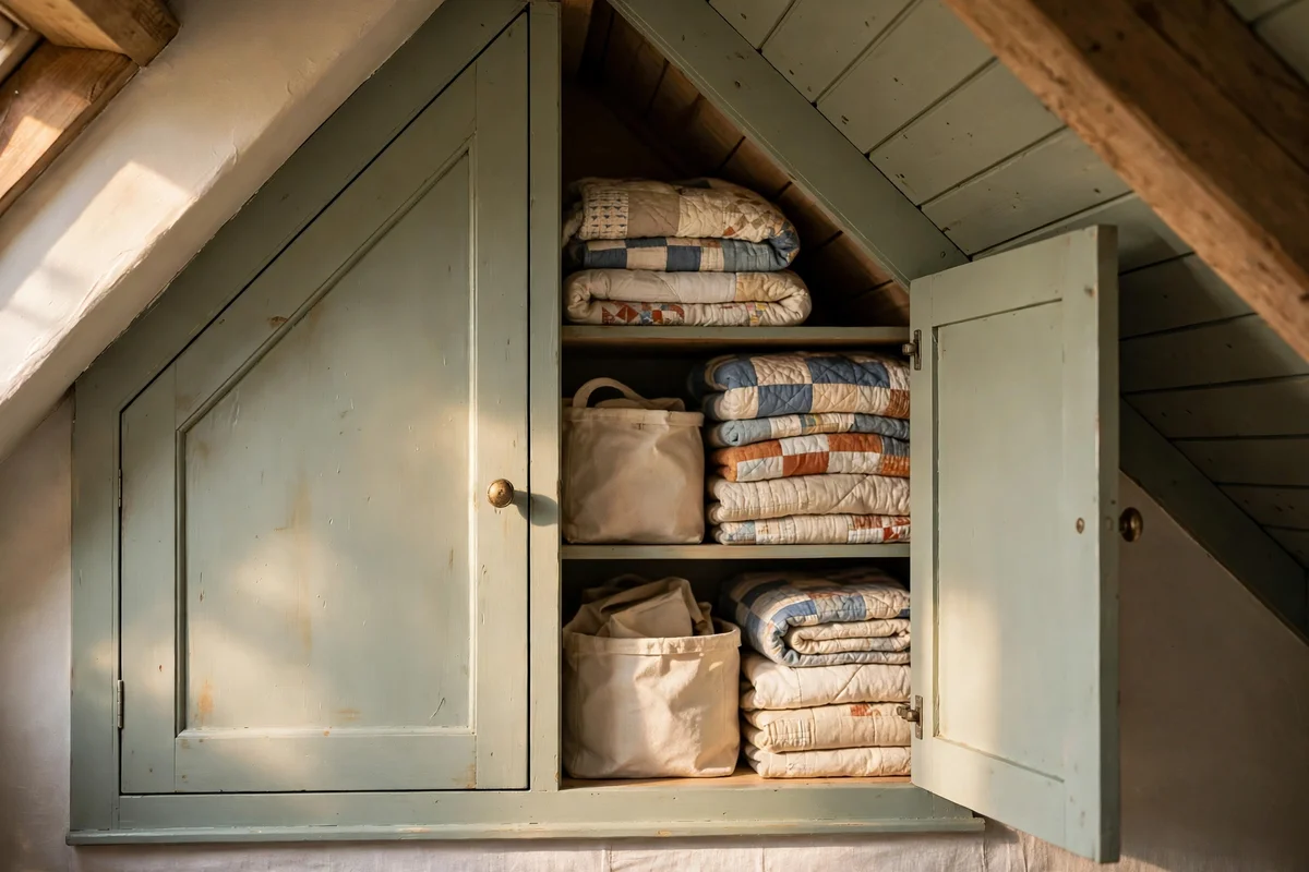 Cupboard doors fitted into the eaves void, one open showing stored bedding in cotton bags