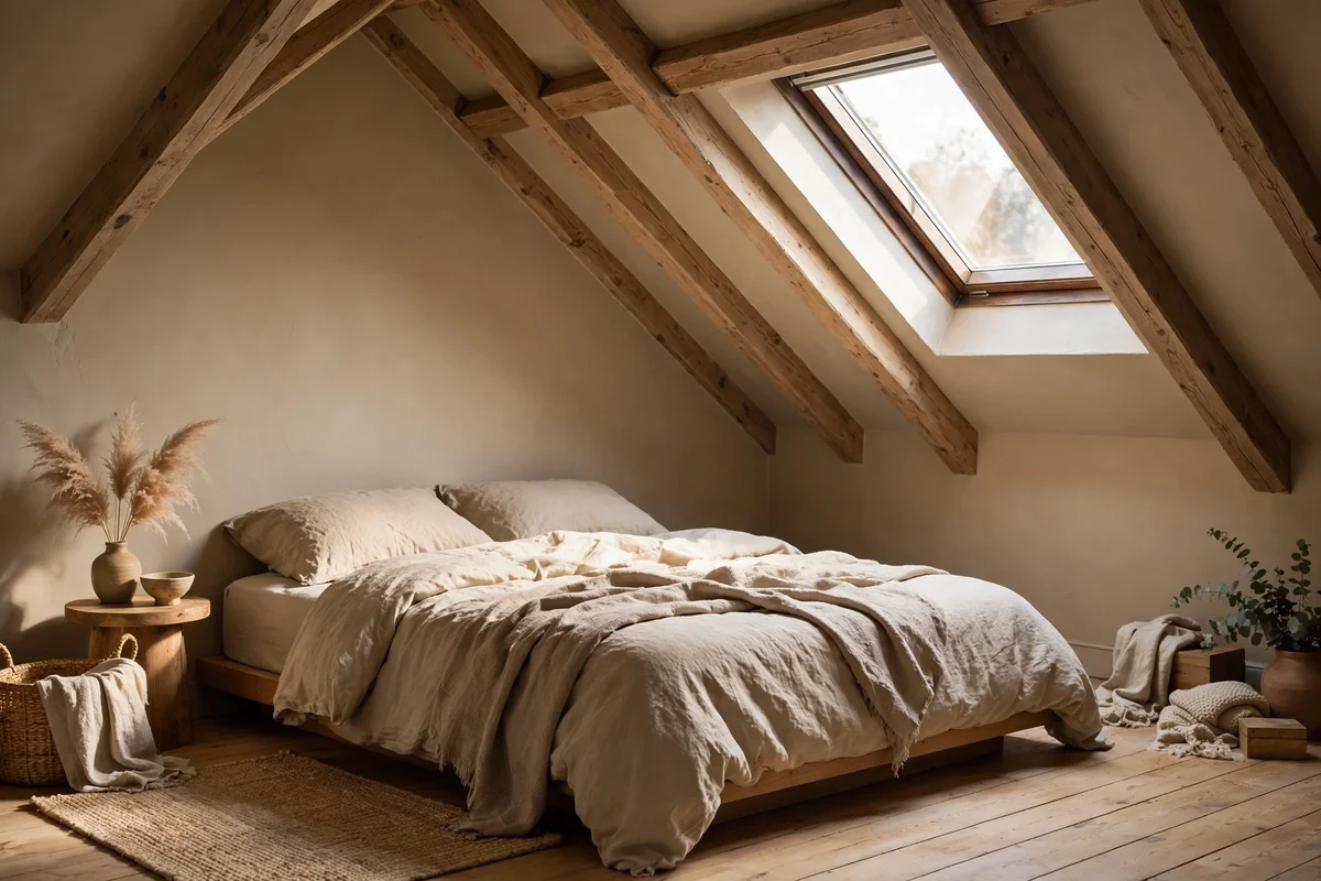 Attic bedroom with sloped ceiling and walls painted one warm neutral colour