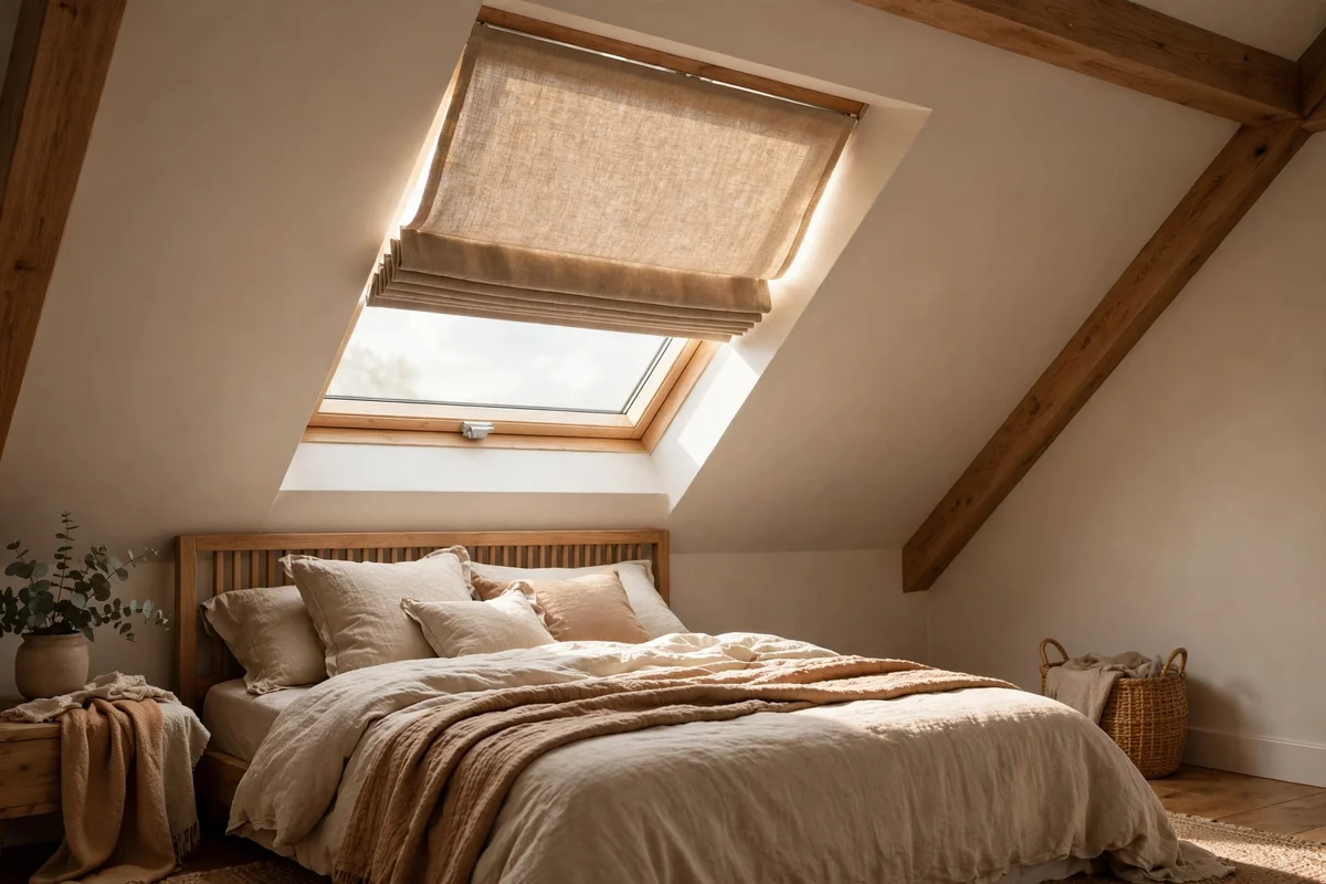 Skylight in a sloped ceiling with a fitted blackout blind half lowered