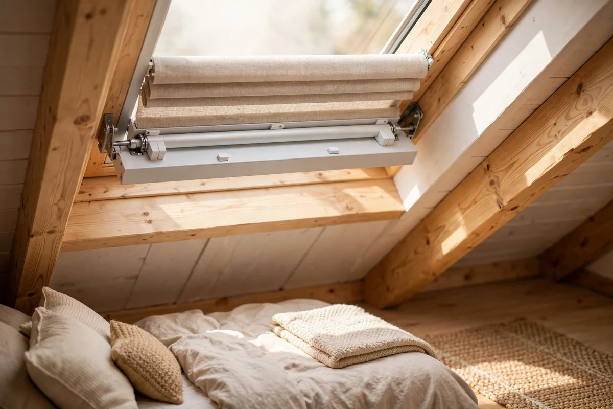 Cordless skylight blind with no hanging cords in a family attic bedroom