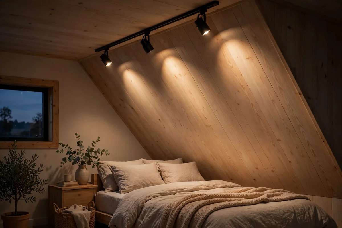 Track spotlights washing warm light down a sloped bedroom ceiling at dusk