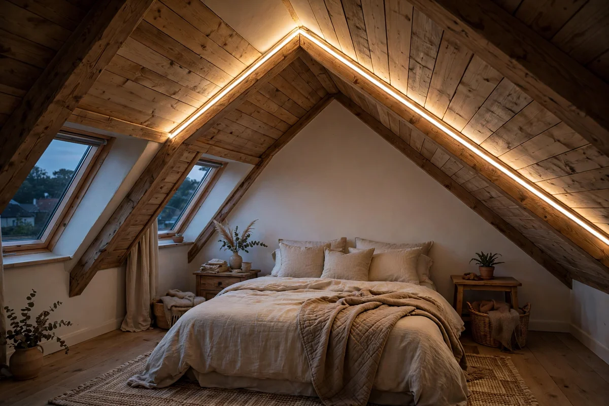 Warm LED strip glowing along the ridge line of a sloped bedroom ceiling at dusk