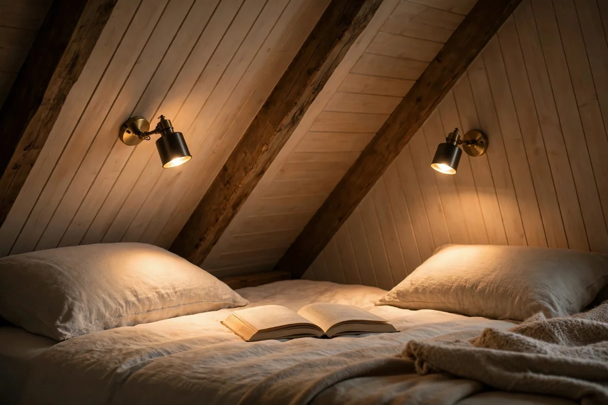 Reading sconce mounted on a sloped ceiling casting light on a book beside a pillow