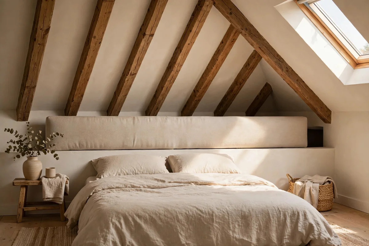 Low upholstered headboard hugging the low wall beneath a sloped ceiling