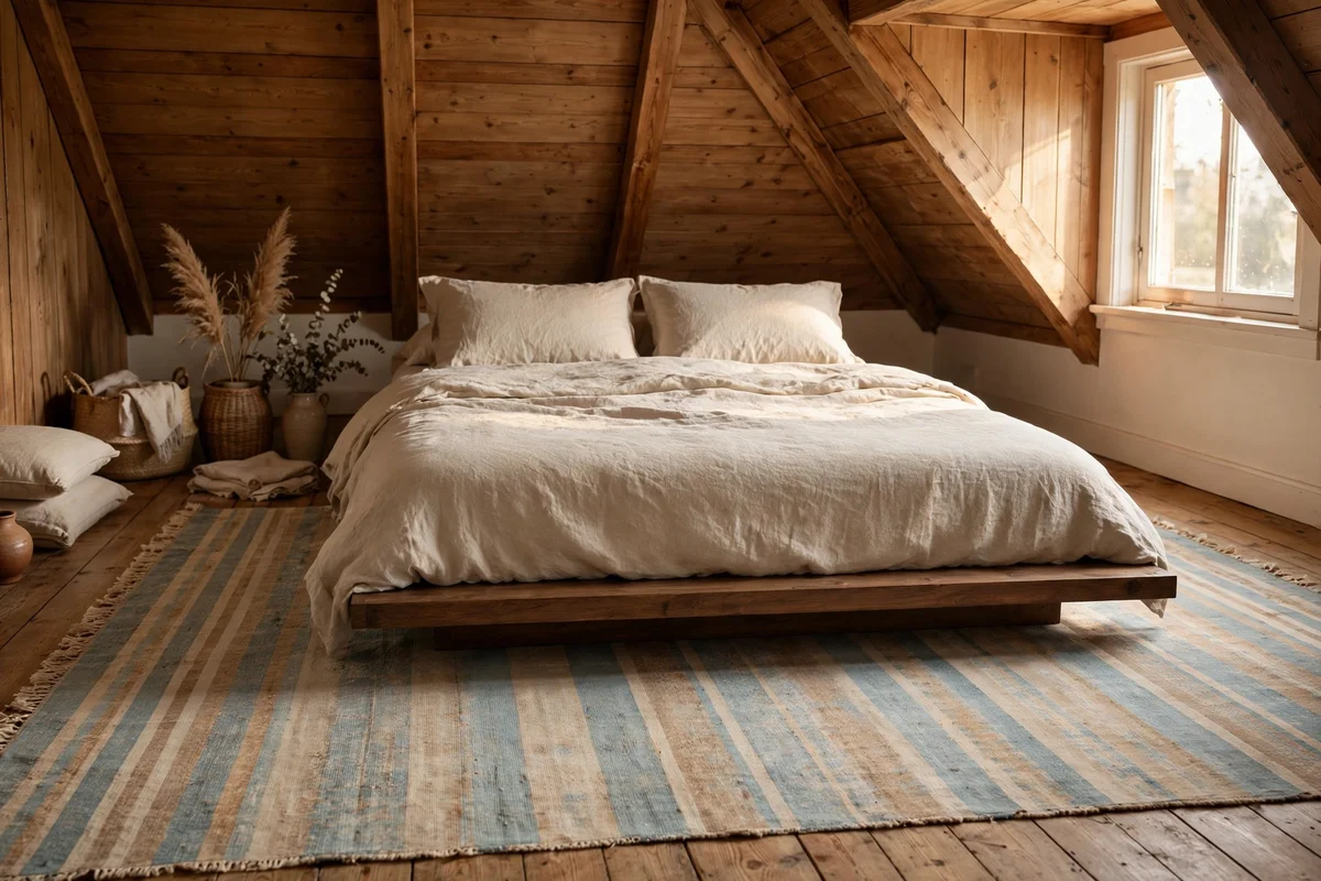 Flatweave rug in a quiet pattern anchoring a low bed under a sloped ceiling