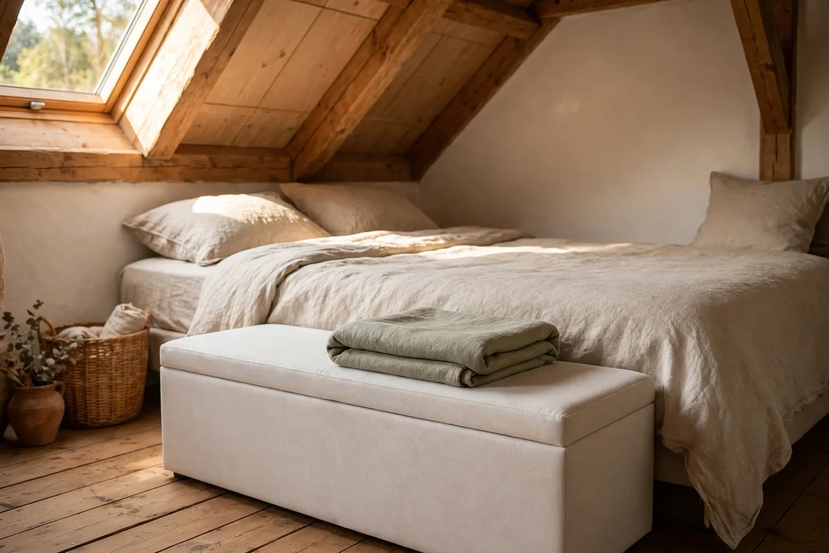 Slim storage bench at the foot of a low bed under a sloped ceiling