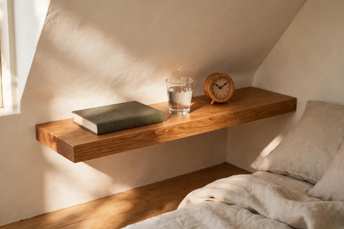 Floating oak shelf used as a nightstand on the low wall under a sloped ceiling