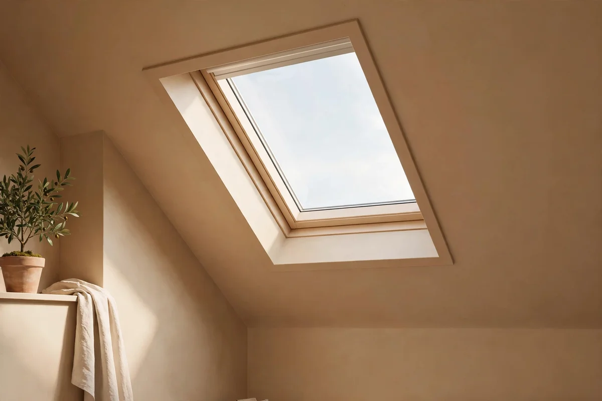 Skylight frame painted the same colour as the surrounding sloped ceiling