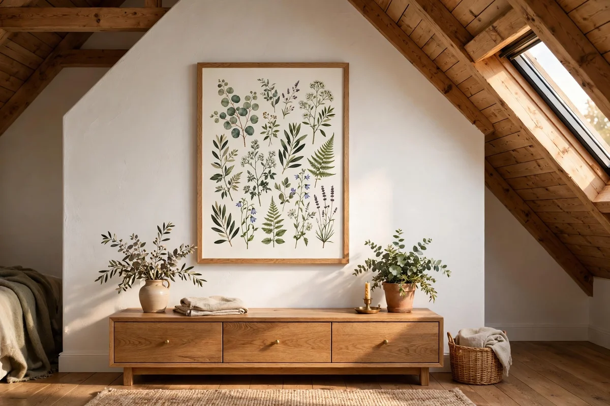 Large framed print hung on the tall gable end wall of a sloped ceiling bedroom