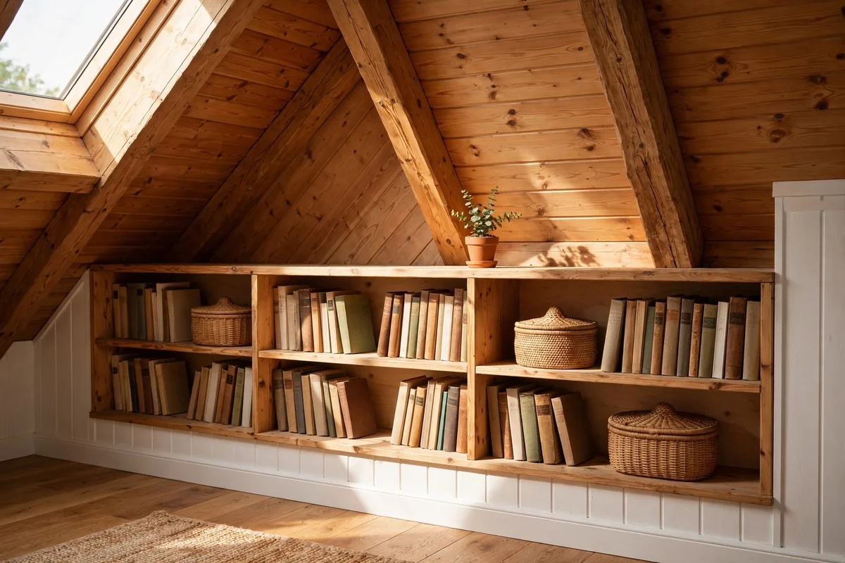 Low bookcase with books and baskets lined along the knee wall under a slope