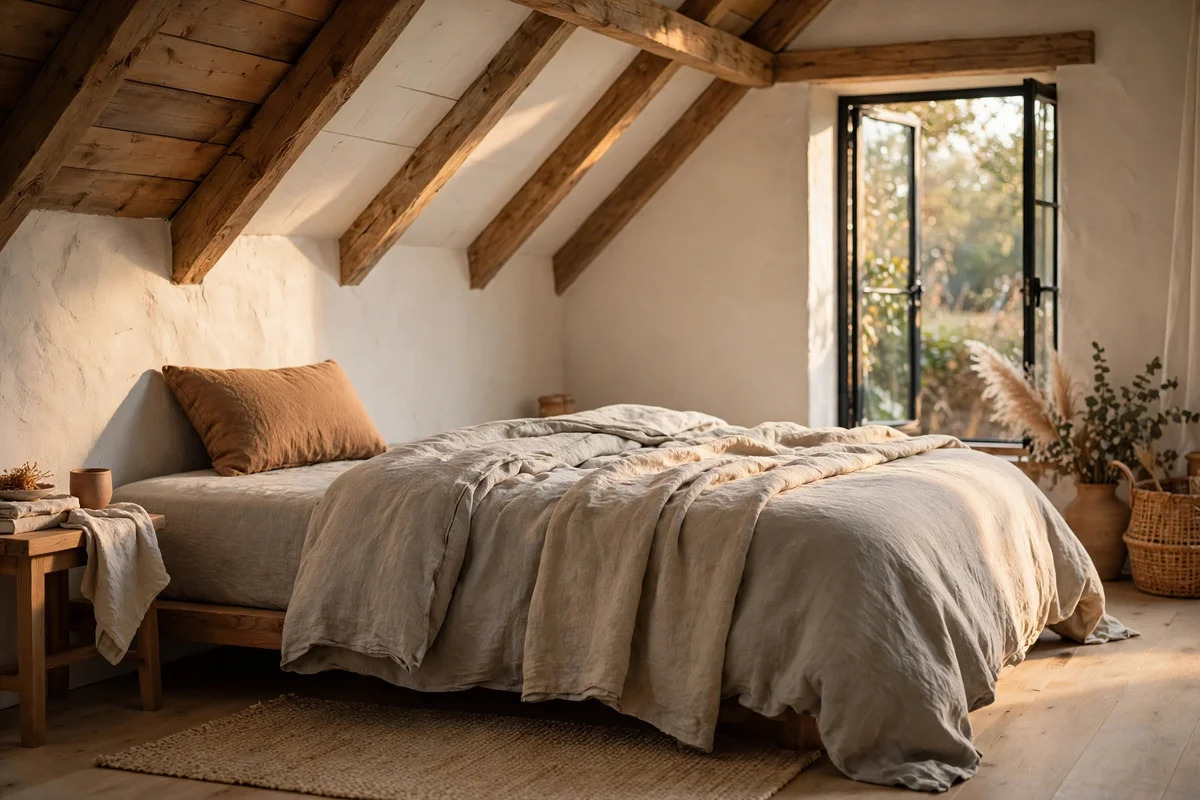 Bed with warm neutral linen bedding and one clay cushion under a sloped ceiling