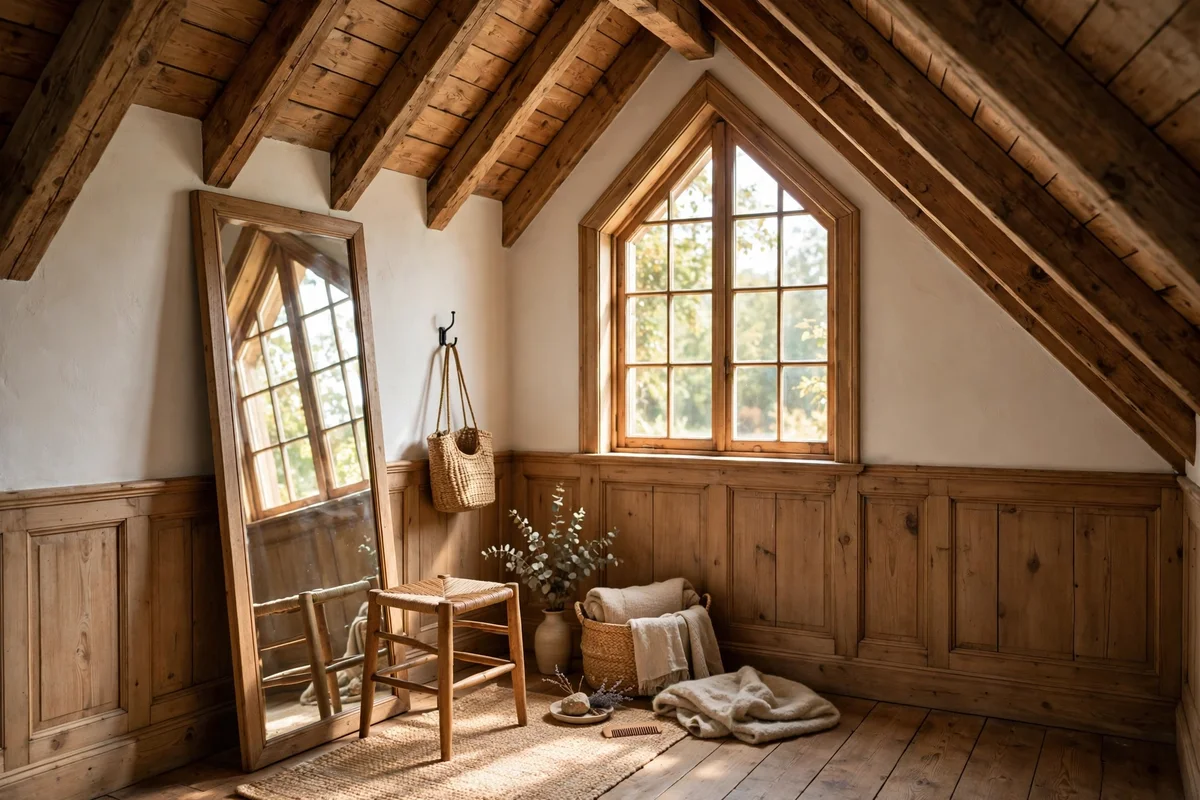 Dressing nook with a full length mirror in the tallest corner of an attic bedroom