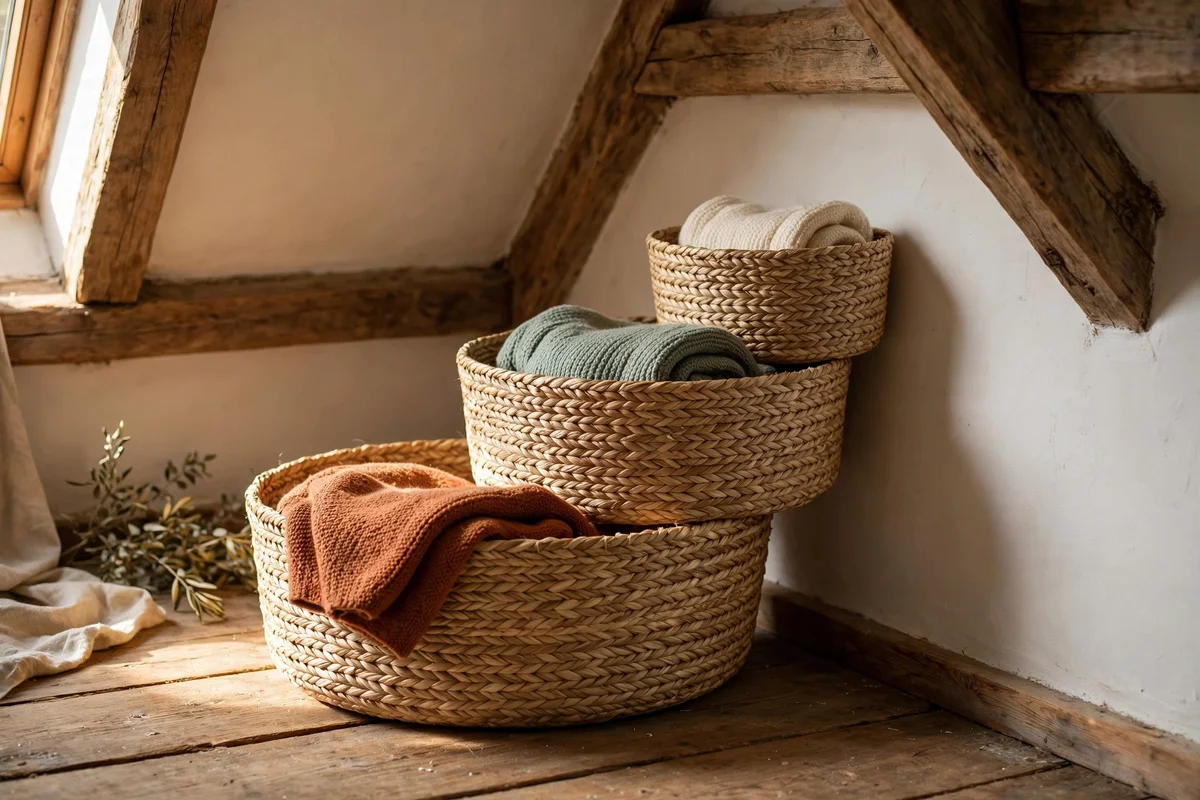 Stack of woven baskets in graduated sizes softening the lowest corner under a slope