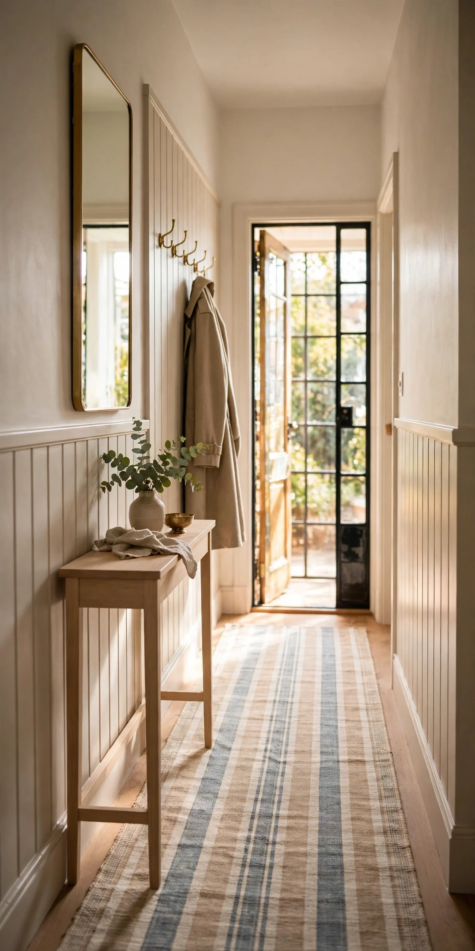 Narrow entryway with a slim console, tall mirror, wall hooks and a washable runner in warm light