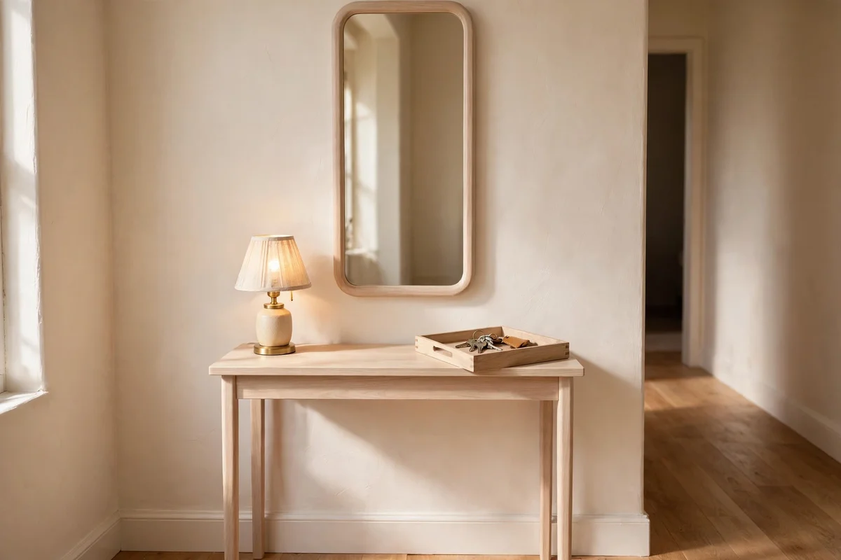 Slim wooden console table against a pale hallway wall with a lamp and tray