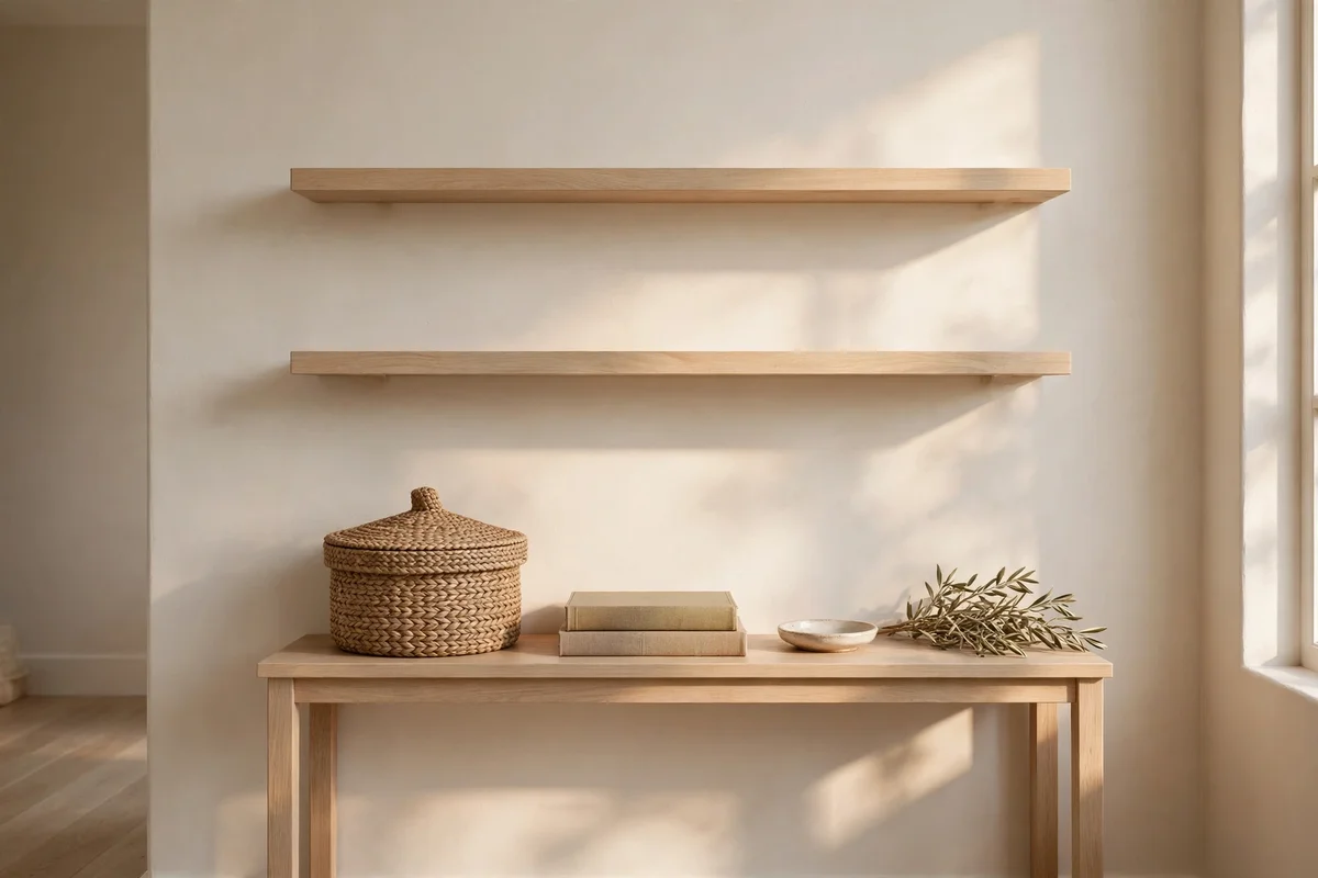 Two floating shelves above a hallway console styled with baskets and books