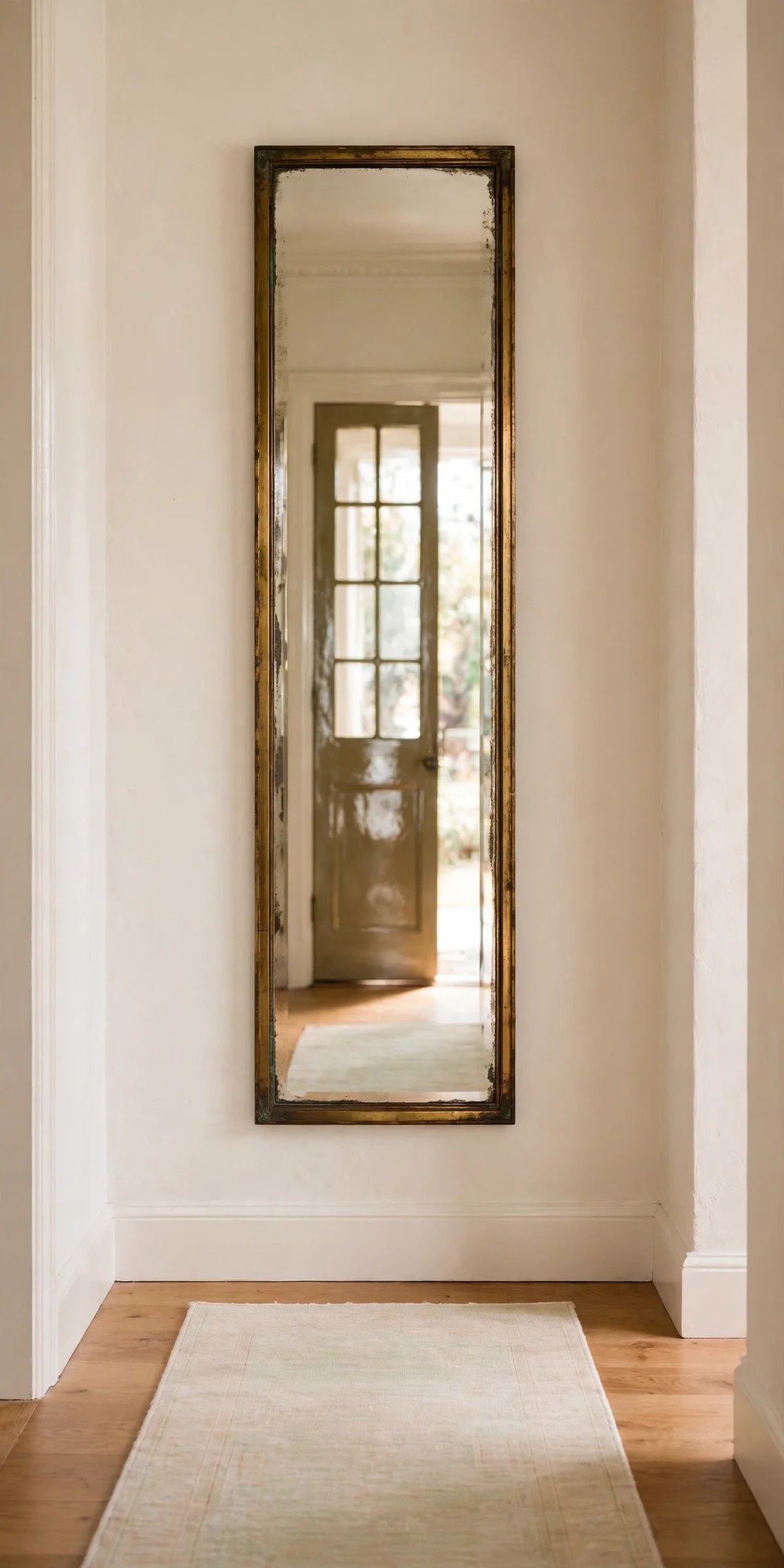 Tall mirror in a slim brass frame reflecting daylight in a narrow hallway