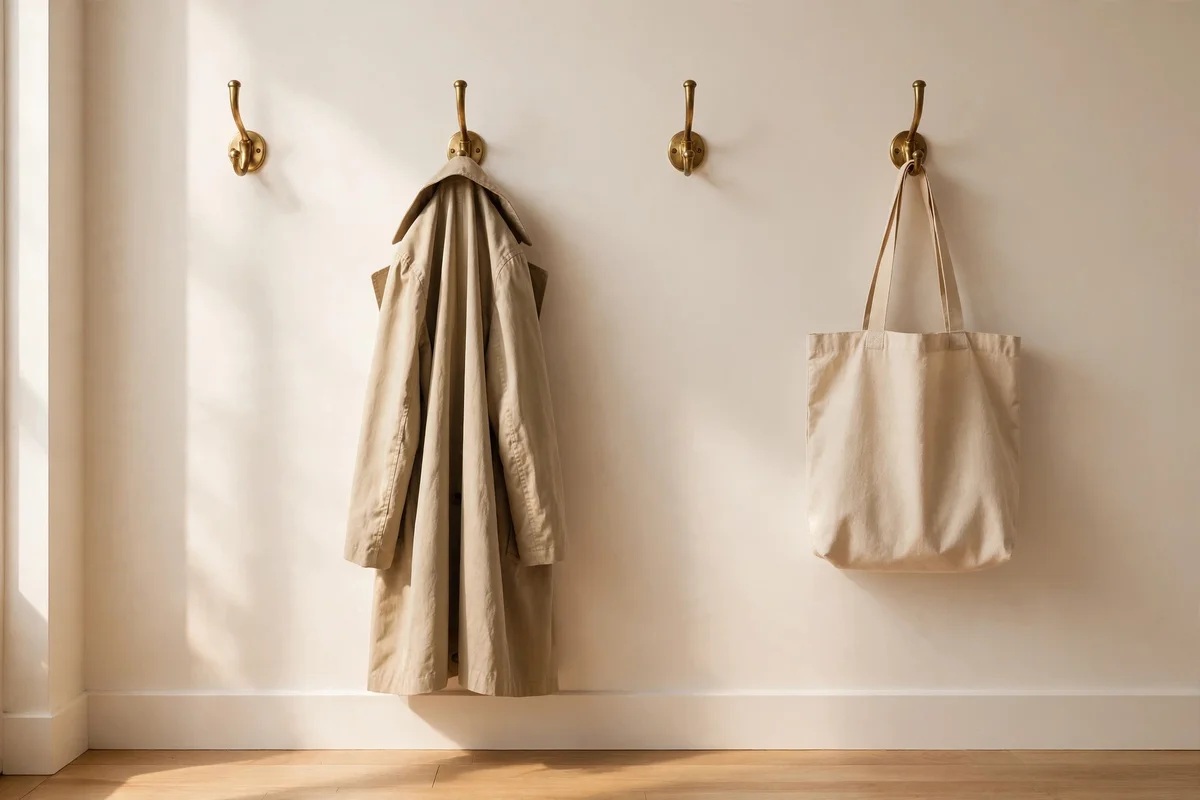 Row of brass wall hooks holding coats and a bag in a small entryway