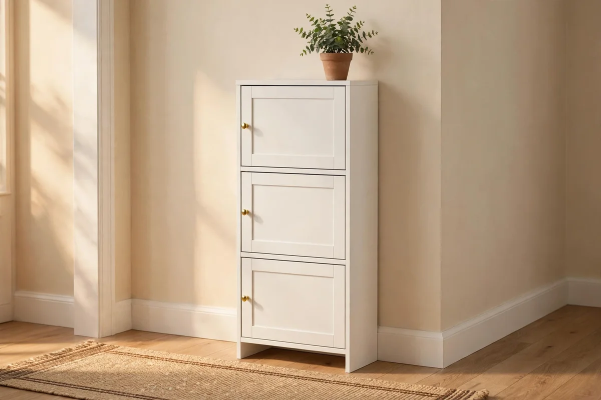 Slim white tilting shoe cupboard with three tiers in a narrow hallway
