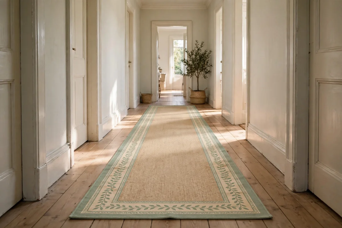 Washable striped runner rug laid down the centre of a narrow hallway