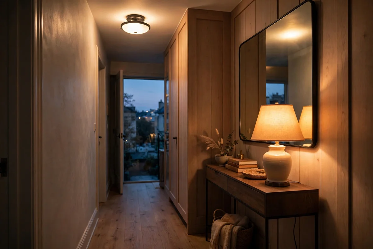 Small hallway with ceiling light plus a warm table lamp glowing on a console