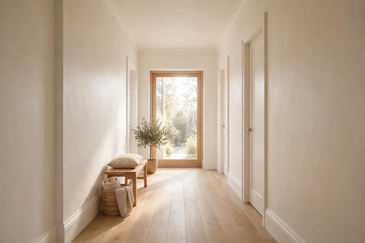 Narrow hallway painted in pale warm white with soft daylight