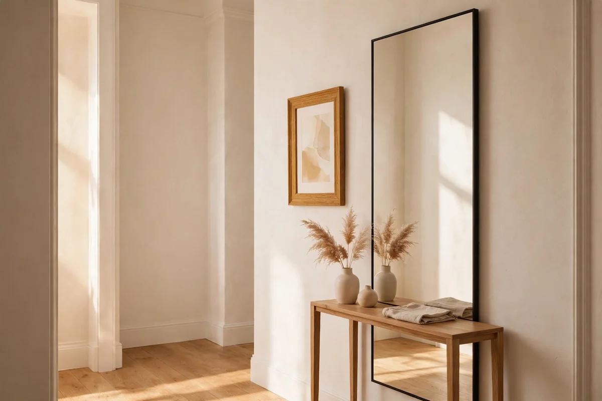 Small hallway with one ochre picture frame as a warm accent on a pale wall