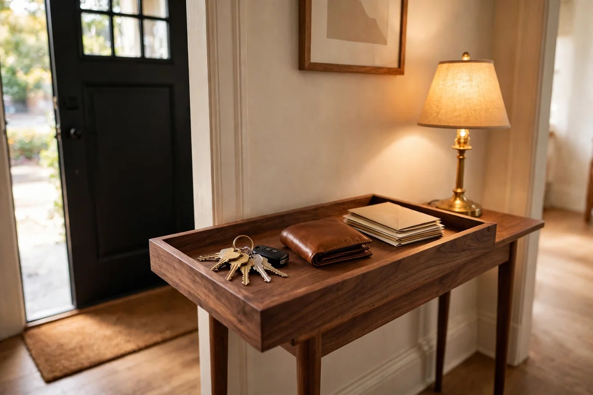 Lipped wooden tray on a hallway console holding keys and post