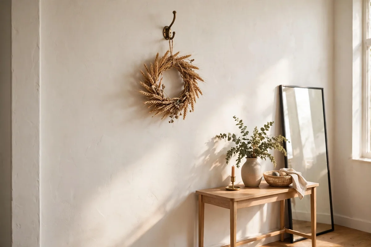 Small dried wreath hanging on a single hook in a narrow entryway