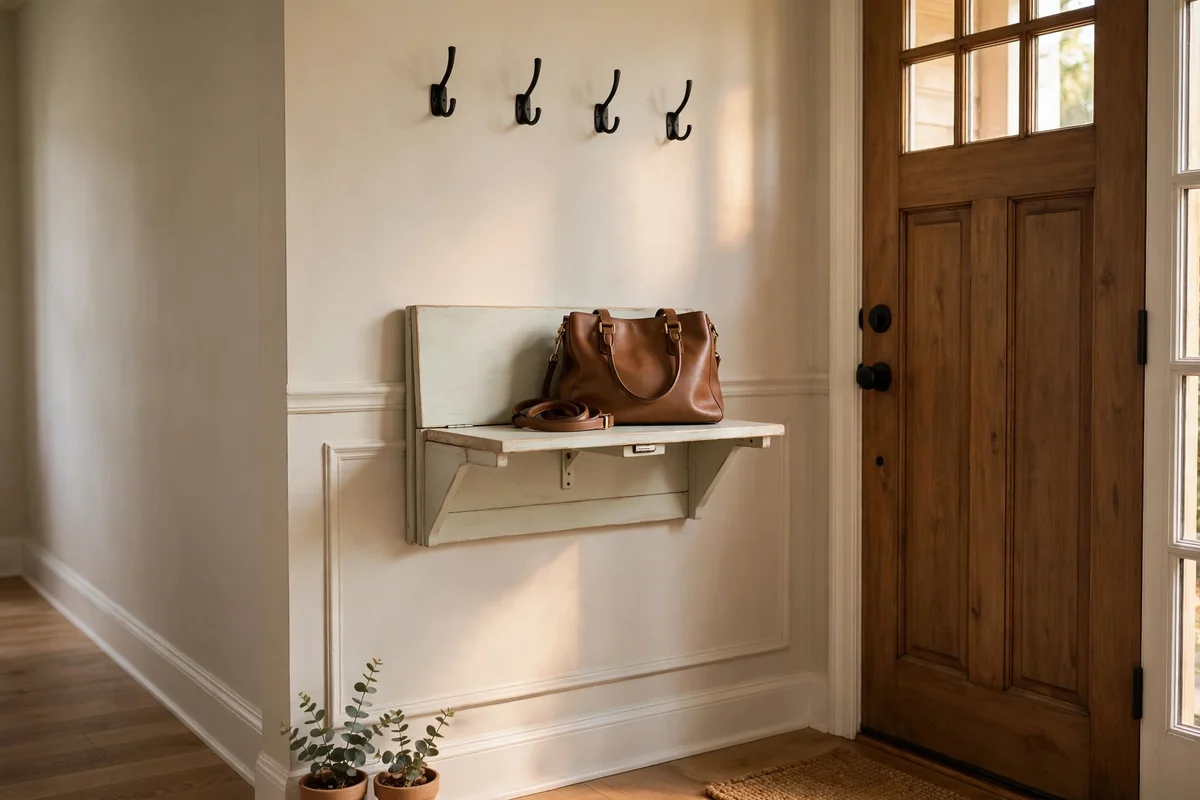 Fold-down wooden shelf beside a front door used as a bag drop zone