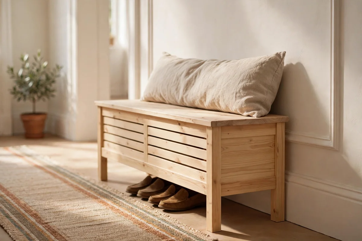 Wooden storage bench with cushion against a hallway wall