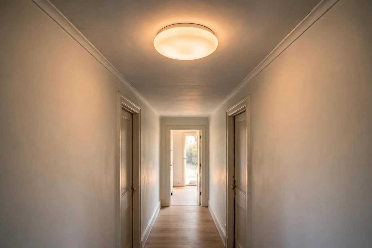 Flush-mount opal glass ceiling light in a small hallway