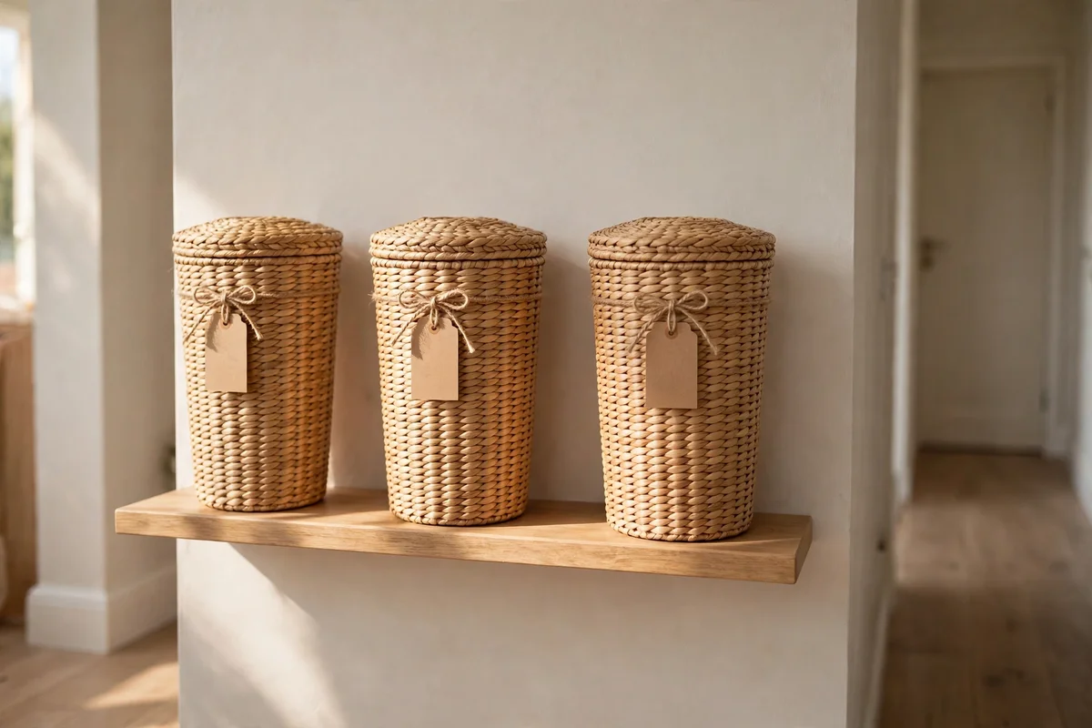 Slim lidded baskets on a hallway shelf holding gloves and small items