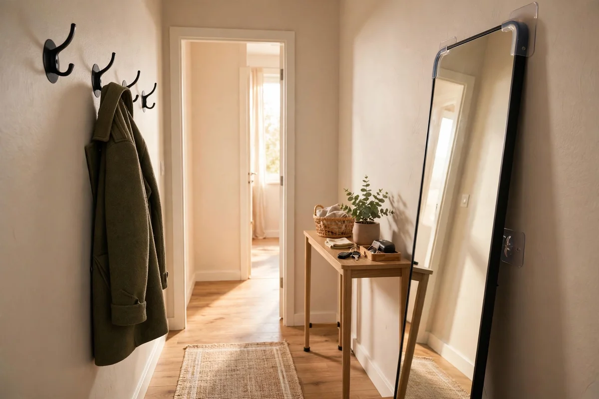Adhesive wall hooks and a leaning mirror in a rented hallway, no drill holes