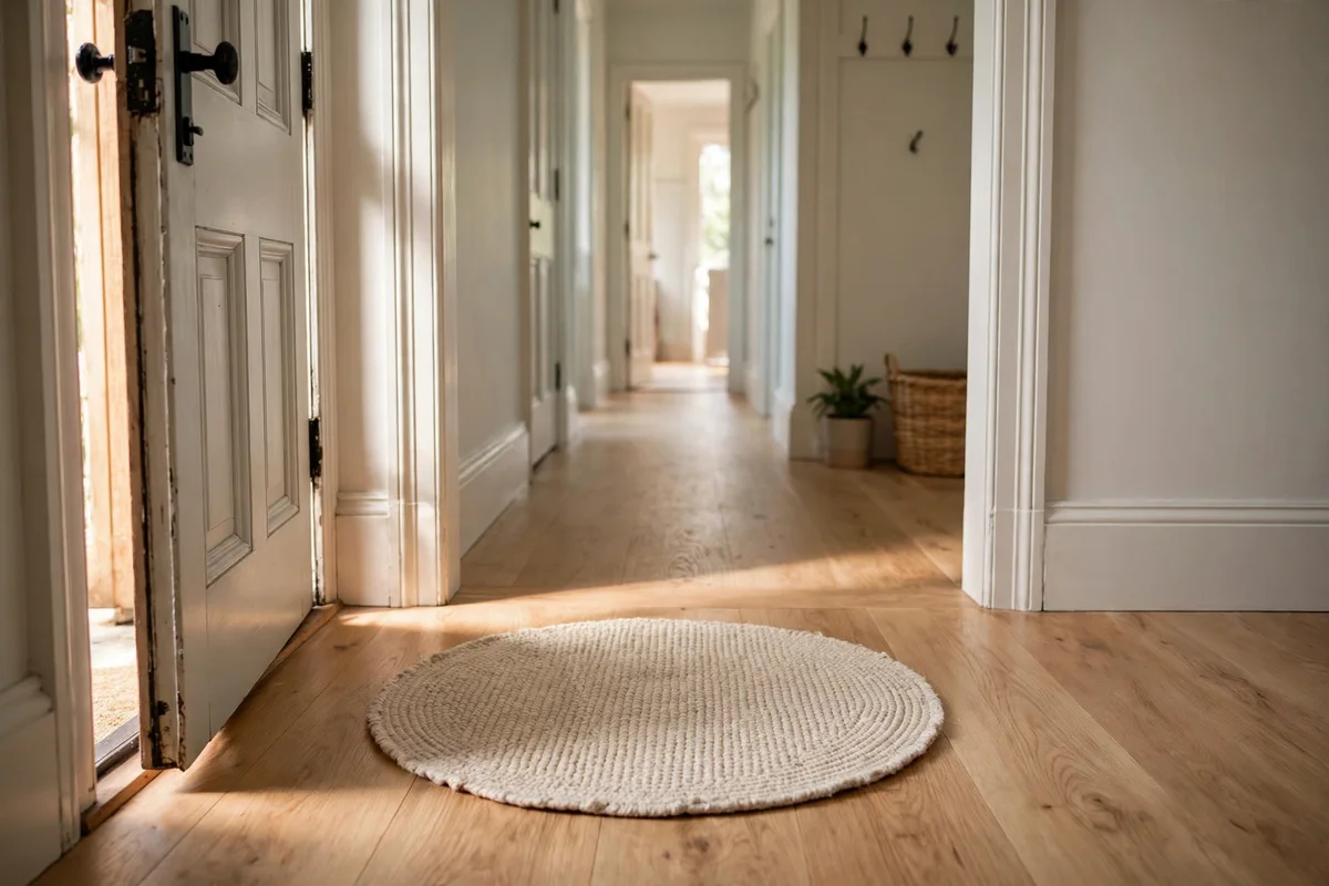 Small round washable rug just inside a front door in a hallway