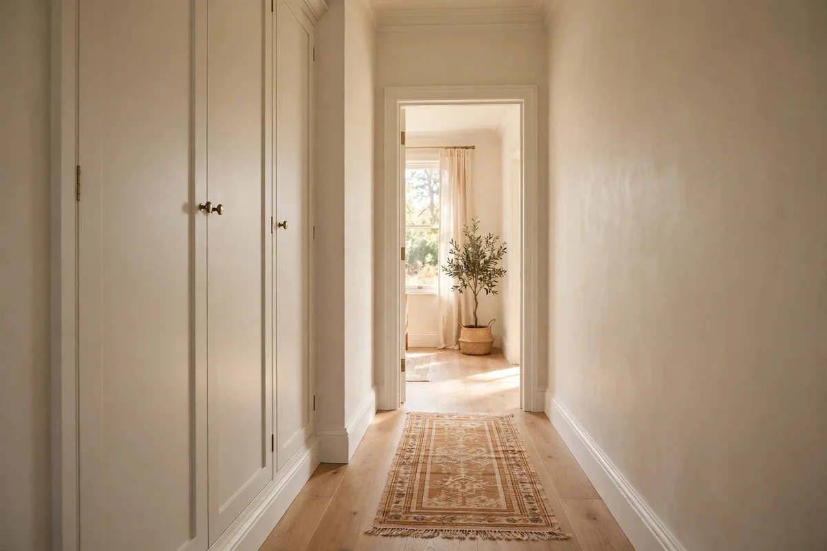 Pale painted shoe cupboard blending into a light hallway wall
