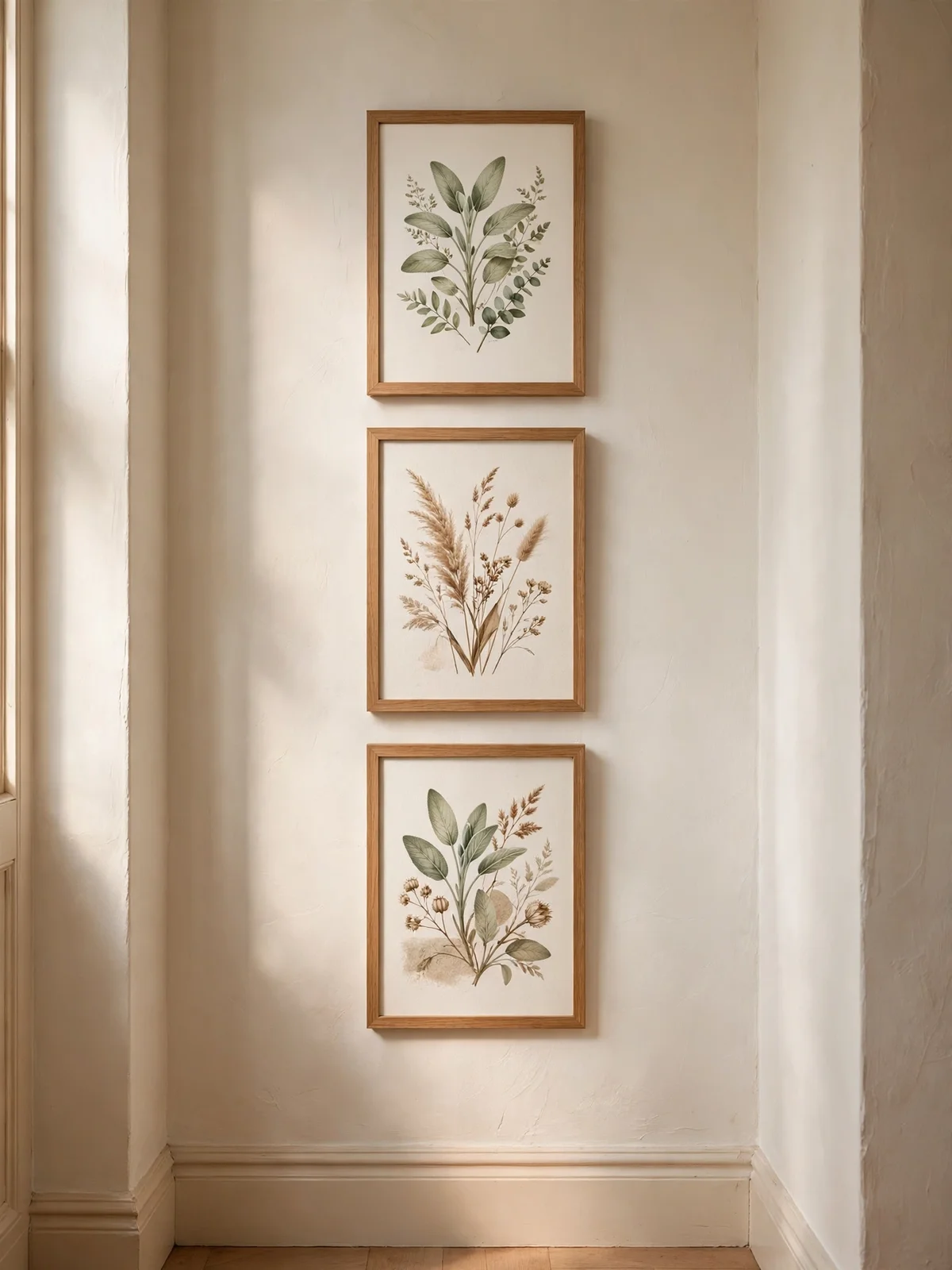 Three matching oak frames in a vertical line on a narrow hallway wall
