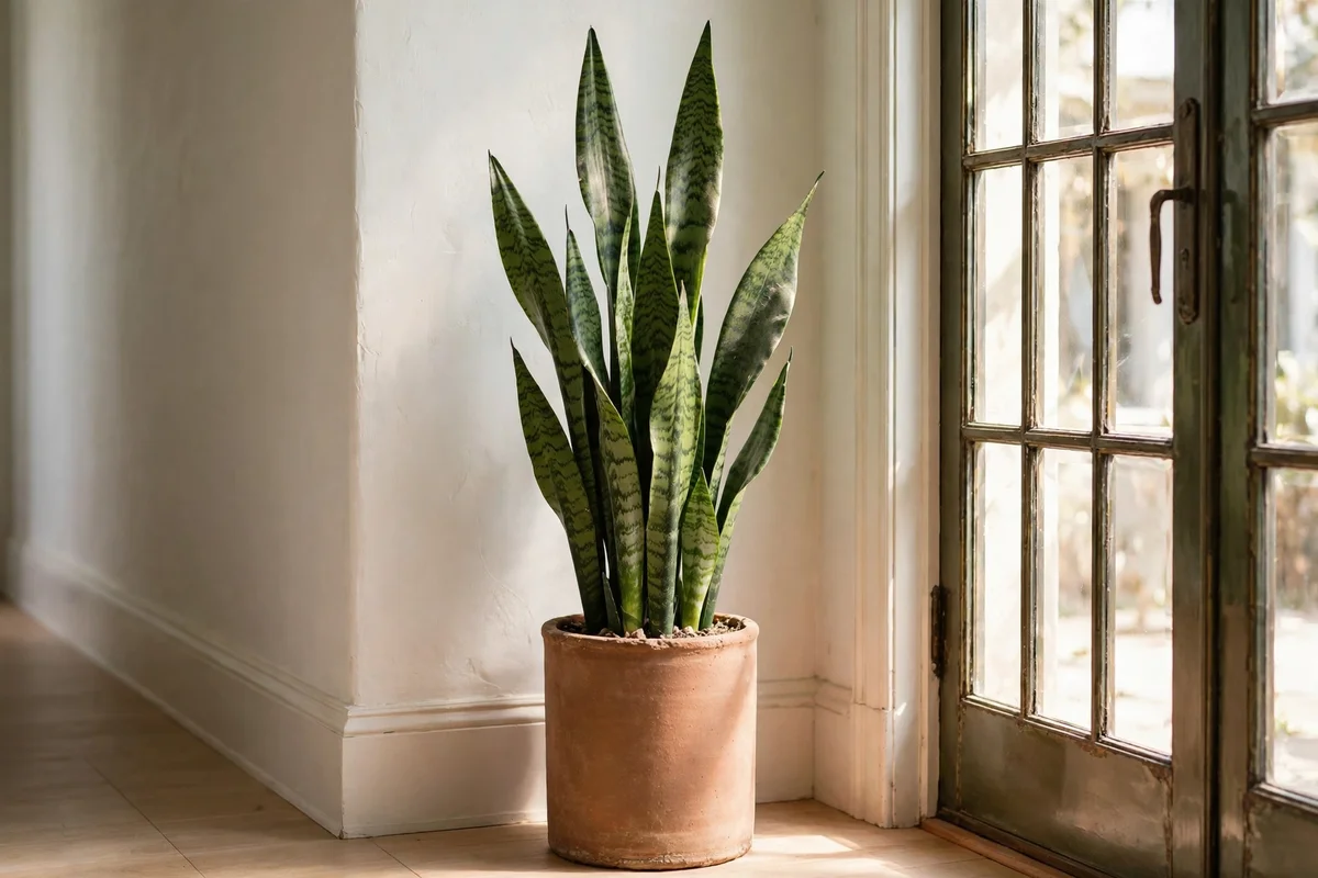 Tall snake plant in a clay pot in the bright corner of a hallway