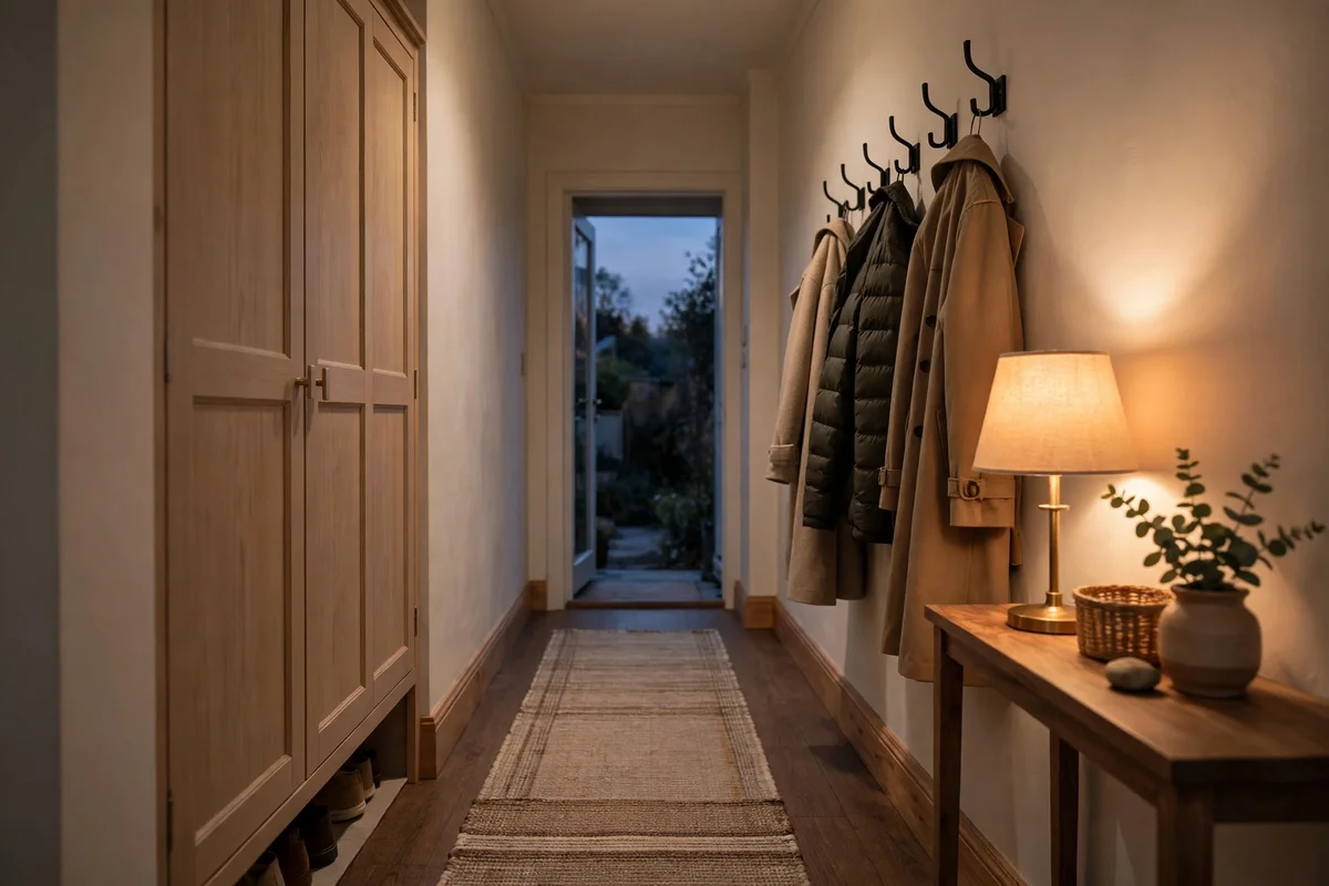 Tidy narrow hallway at dusk with shoes stored away and a warm lamp glowing