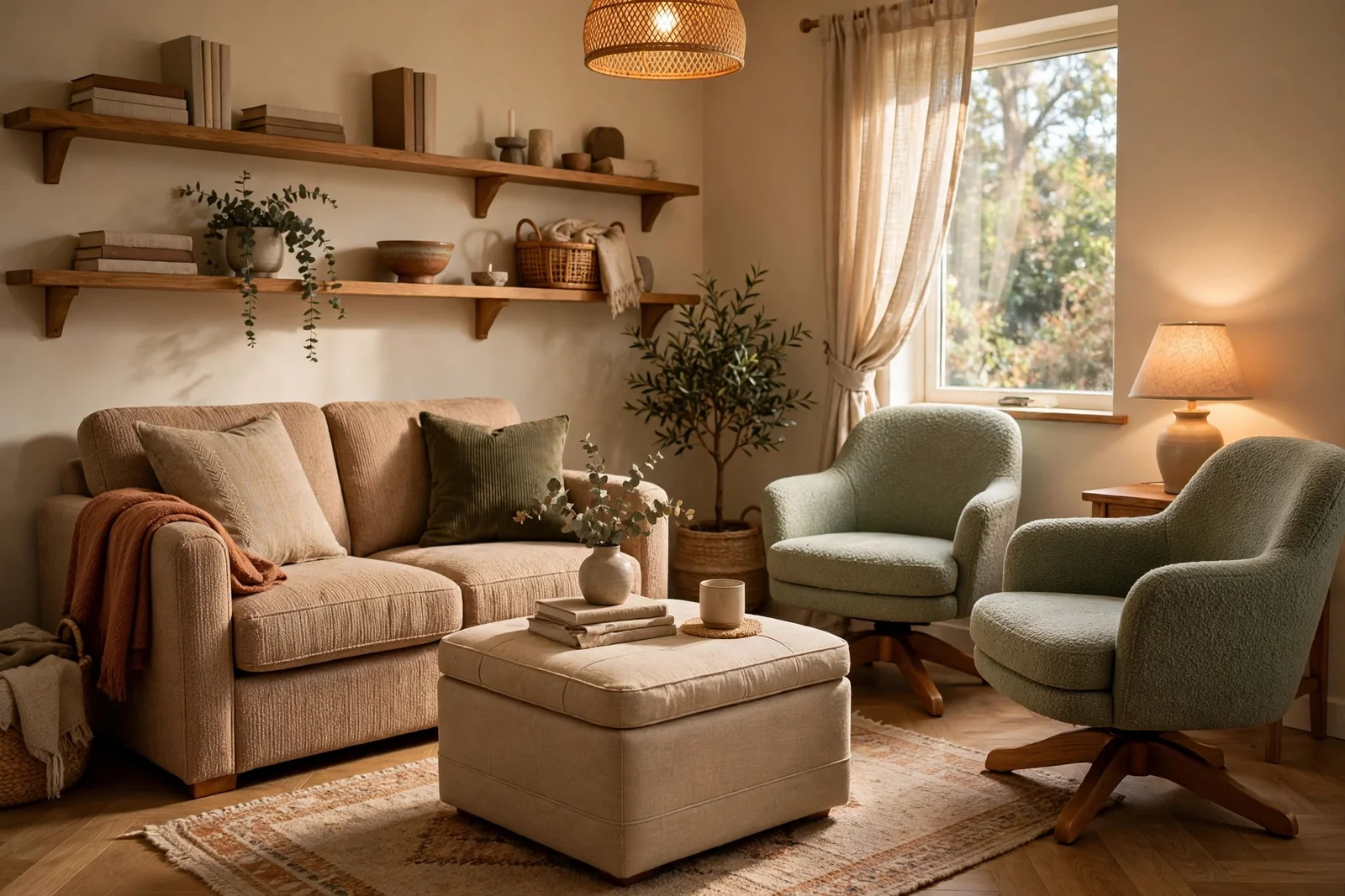 A compact family room with a small two-seater sofa, two swivel chairs, a lidded ottoman and warm layered lighting