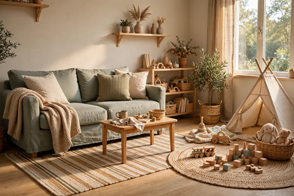 Zone the Room With Two Rugs: One Rectangular, One Round