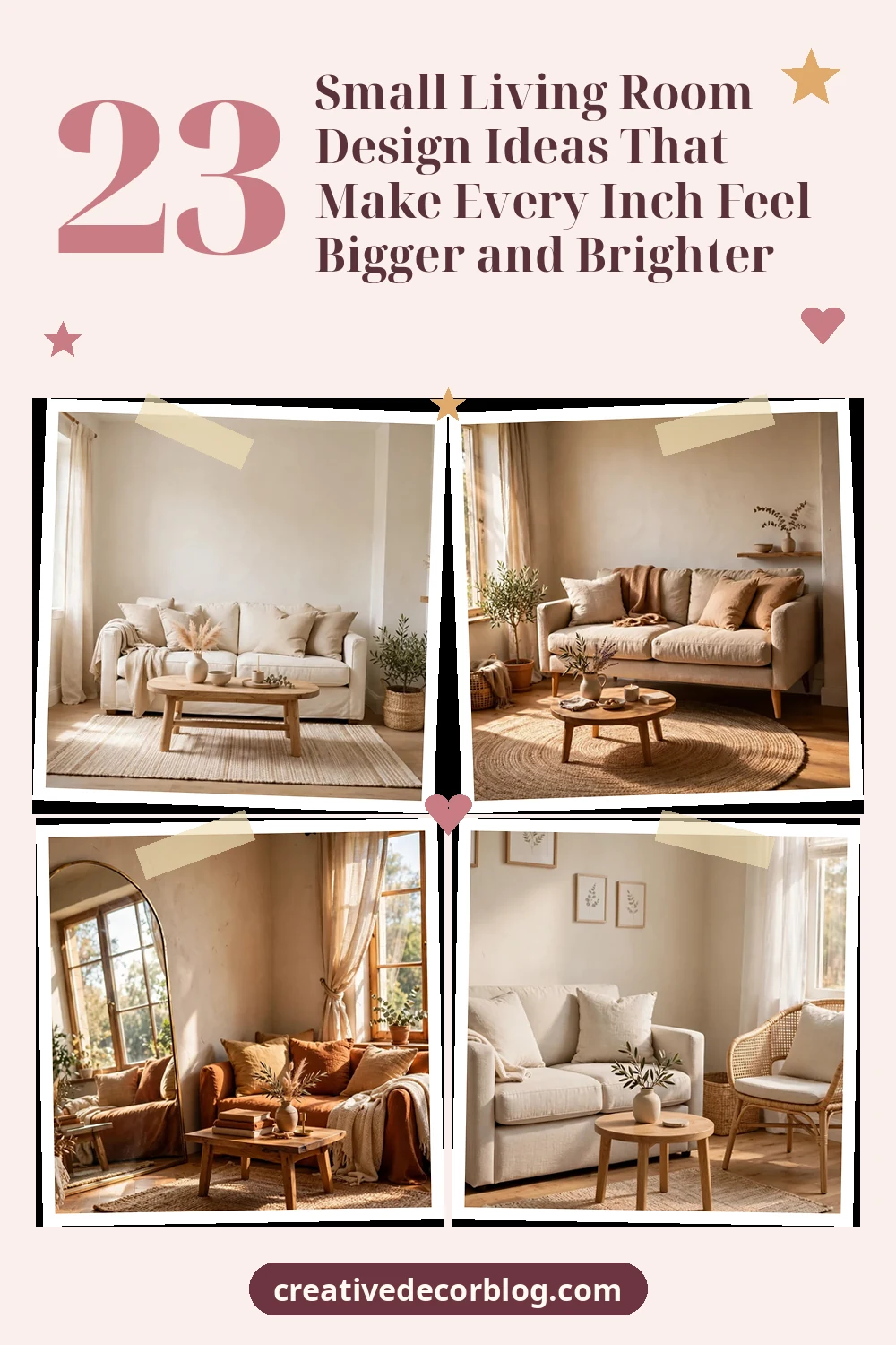 Pinterest pin with four small living room photos and the article title